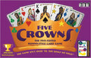 Five Crowns card game by Set Games featuring colorful illustrations of playing cards, a king, and a crown design. The packaging emphasizes it's an award-winning rummy-style game for family fun.