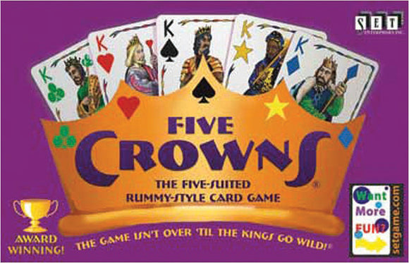 Five Crowns card game by Set Games featuring colorful illustrations of playing cards, a king, and a crown design. The packaging emphasizes it's an award-winning rummy-style game for family fun.