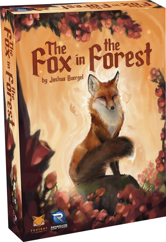 The Fox in the Forest game by Renegade Game Studios features a beautifully illustrated box cover depicting a serene fox surrounded by a charming forest backdrop filled with flowers and leaves. The box highlights the game's title and the creator's name, Joshua Buergel, in an enchanting font.
