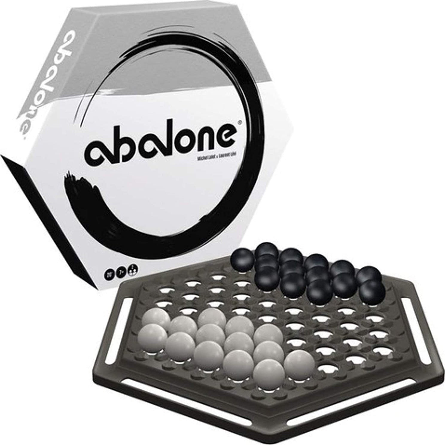 The Abalone game by University Games features a hexagonal board and round black and white marbles. Players aim to push their opponent's marbles off the board while strategically moving their own in this engaging strategy game suitable for two players.