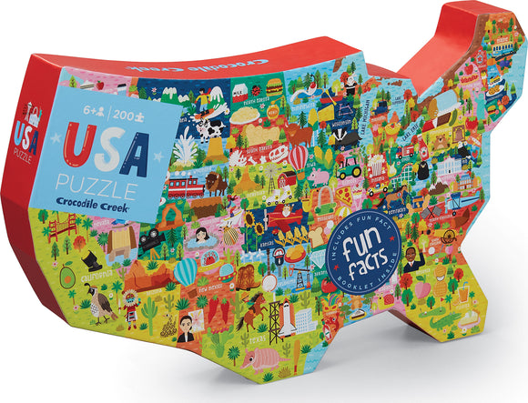 USA Shaped Box Jigsaw Puzzle by Crocodile Creek, featuring a colorful illustrated map of the United States. The puzzle includes various icons representing different states, fun facts booklet included, suitable for ages 6 and up, contains 200 pieces.