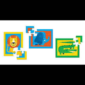 My First Puzzle Jungle by Crocodile Creek featuring colorful jigsaw pieces with friendly animal illustrations including a lion, an elephant, and a crocodile. Ideal for young children to develop fine motor skills and cognitive abilities through playful learning.