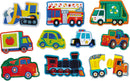 A vibrant collection of ten jigsaw puzzle pieces featuring various vehicles. The pieces include a yellow bulldozer, a red fire truck, a green recycling truck, a blue police car, a tractor, a colorful old-fashioned train, and others, designed with whimsical patterns and bright colors to engage children's imagination and fine motor skills.