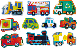 A vibrant collection of ten jigsaw puzzle pieces featuring various vehicles. The pieces include a yellow bulldozer, a red fire truck, a green recycling truck, a blue police car, a tractor, a colorful old-fashioned train, and others, designed with whimsical patterns and bright colors to engage children's imagination and fine motor skills.