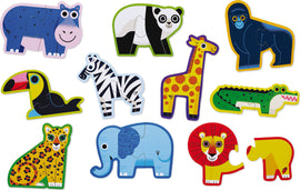 Let's Begin Jungle jigsaw puzzle by Crocodile Creek featuring 10 colorful beginner puzzles with cartoon-like animals including a hippo, panda, zebra, giraffe, toucan, leopard, elephant, and lion. Each puzzle piece is uniquely shaped and ideal for young children to enhance their problem-solving skills while exploring a vibrant jungle theme.