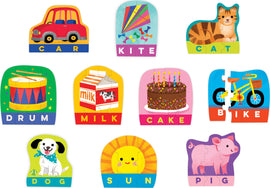 A colorful jigsaw puzzle featuring vibrant images and words for 3 and 4 letter items, including a red car, drum, milk carton, cake, yellow bike, sun, cat, dog, kite, and pig. Perfect educational tool for young children to enhance their spelling skills while playing.