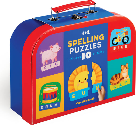 A colorful jigsaw puzzle set titled 'Spelling Puzzles' by Crocodile Creek, housed in a sturdy, red and blue carrying case. The design showcases engaging illustrations of animals and objects, including a pig, cat, and a drum, aimed at helping children aged 4 and up learn to spell with 10 fun puzzles included.