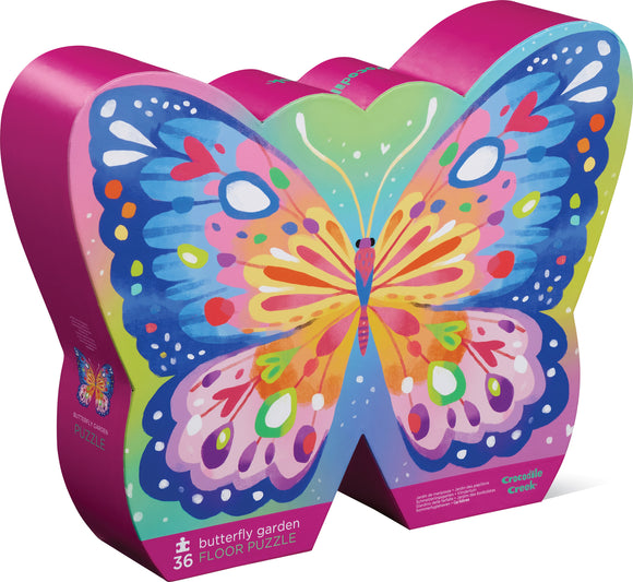 A colorful jigsaw puzzle titled 'Butterfly Garden' by Crocodile Creek, shaped like a butterfly. The puzzle displays vibrant artwork featuring a butterfly with bright pink, blue, and green hues. Designed for kids, it includes 36 pieces and is perfect for enhancing problem-solving skills while providing fun.