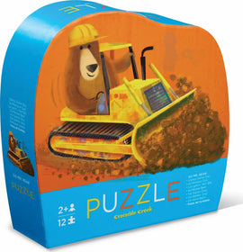 Go Mr. Bear 12-piece jigsaw puzzle by Crocodile Creek, featuring a playful bear in a construction helmet operating a bulldozer, designed for children aged 2 and up. The colorful and engaging packaging showcases the fun, educational aspect of this puzzle, making it a perfect gift for young puzzlers.