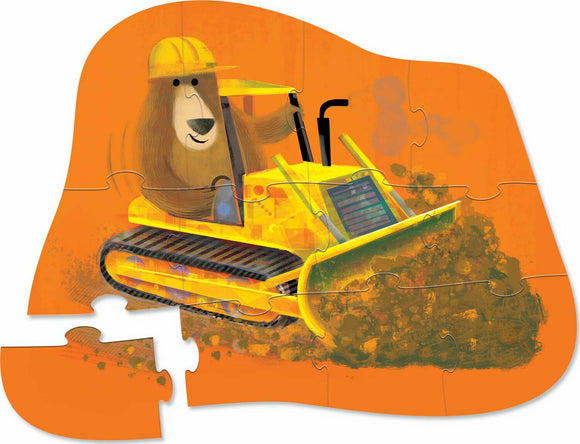 A vibrant and colorful jigsaw puzzle featuring a playful bear wearing a yellow hard hat, driving a bright yellow bulldozer. The puzzle showcases an orange background and displays several interlocking pieces, emphasizing the cheerful design.