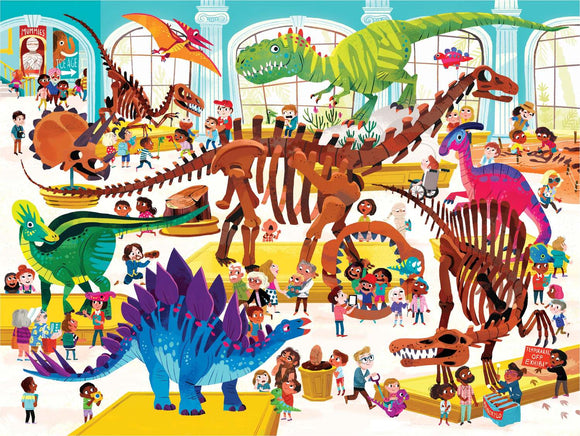 A colorful and engaging jigsaw puzzle depicting a lively dinosaur museum scene, featuring various dinosaur skeletons, animated children, and educational exhibits. The setting is bright and playful, showcasing different dinosaur species alongside excited young visitors exploring the museum.