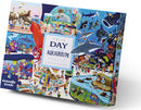A colorful jigsaw puzzle box titled 'Day at the Aquarium' by Crocodile Creek. The packaging features vibrant illustrations of aquatic life, children interacting with marine animals, and scenes from an aquarium, showcasing fish, sharks, and playful oceanic adventures. The puzzle consists of 72 pieces, suitable for children aged 6 and up.
