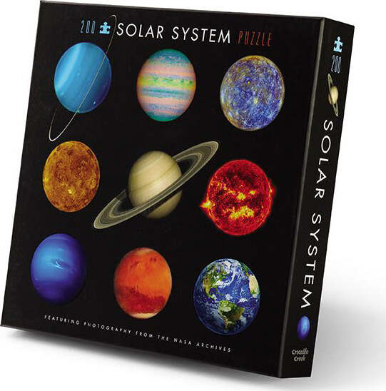 Crocodile Creek Solar System Jigsaw Puzzle featuring vivid images of planets in our solar system. The puzzle includes 200 pieces and showcases stunning NASA photography of each planet, including Saturn, Mars, and Earth. Ideal for kids and adults who enjoy space-themed activities.