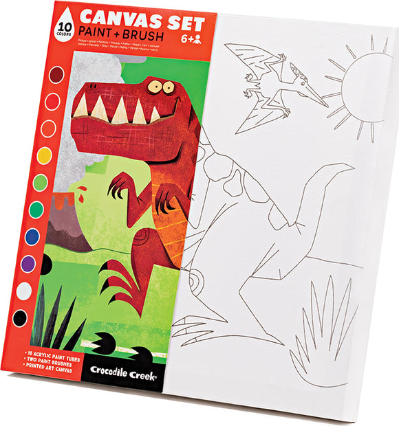 Crocodile Creek Canvas Art Dinosaur DIY kit featuring a printed canvas with dinosaur outlines, 10 vibrant acrylic paint tubes, and two paintbrushes. Perfect for creative fun, suitable for children aged 6 and up.