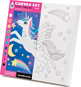 Crocodile Creek Canvas Art Unicorn set featuring a blank canvas with an outlined unicorn design, colorful stars, and two paintbrushes. The set includes 10 tubes of vibrant acrylic paint, perfect for creative art activities.