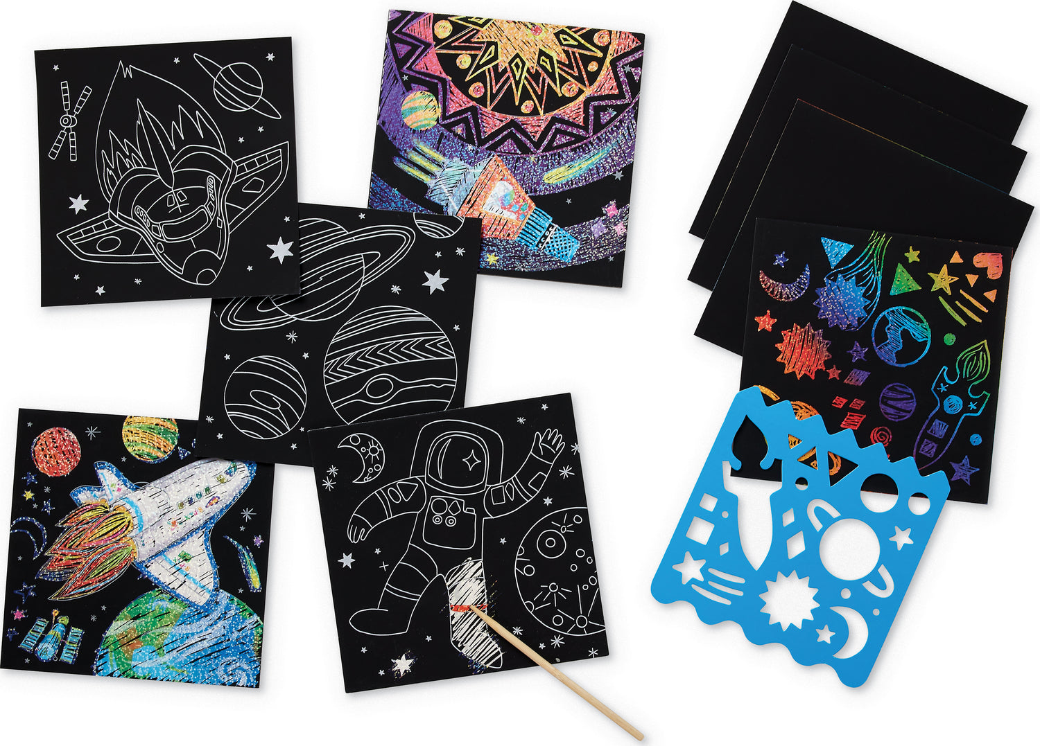 Sparkle Scratch Art Space Explore kit featuring various black scratch art boards with vibrant space-themed designs, including planets, rockets, and astronauts. A scratch tool and a blue stencil are included for creating colorful artwork. Perfect for kids to unleash their creativity and explore outer space through art.