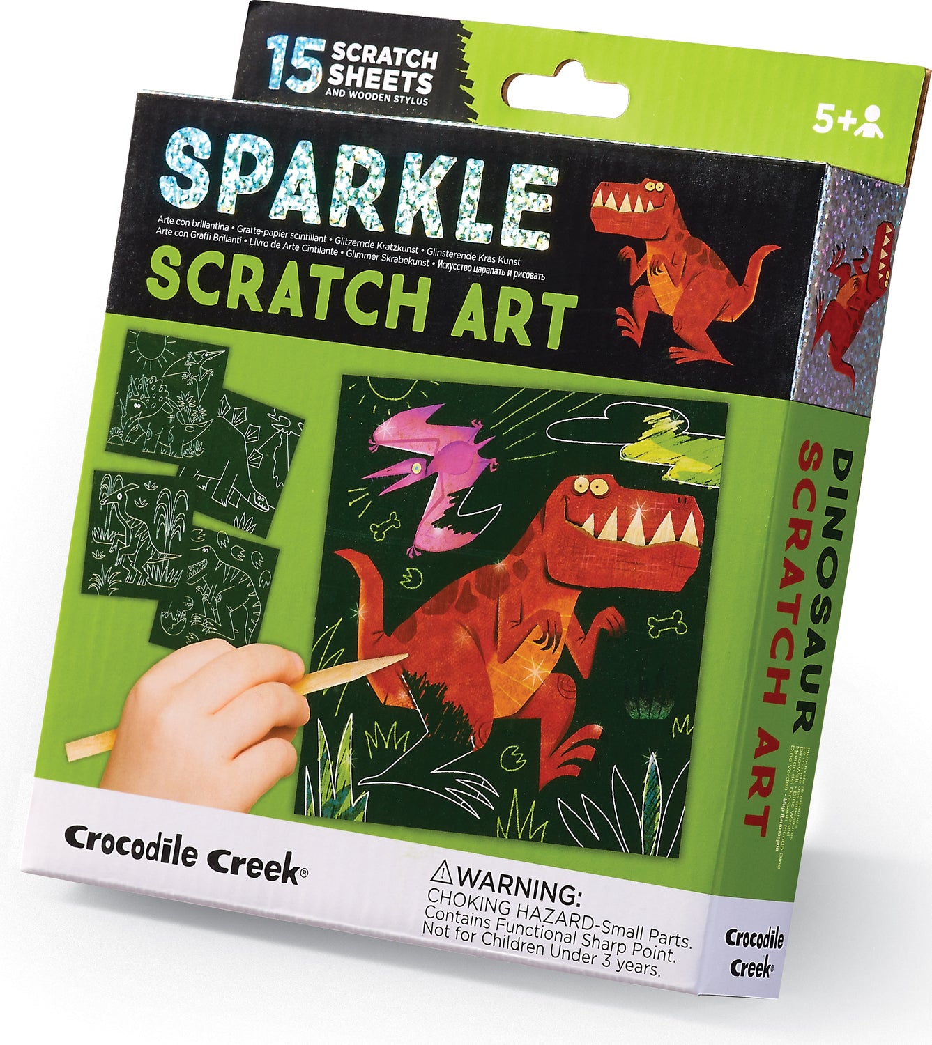 The Sparkle Scratch Art Dinosaurs kit by Crocodile Creek features 15 scratch sheets and a wooden stylus. The vibrant packaging showcases playful dinosaur illustrations, making it an exciting DIY art activity for ages 5 and up. Perfect for sparking creativity and imagination in kids.