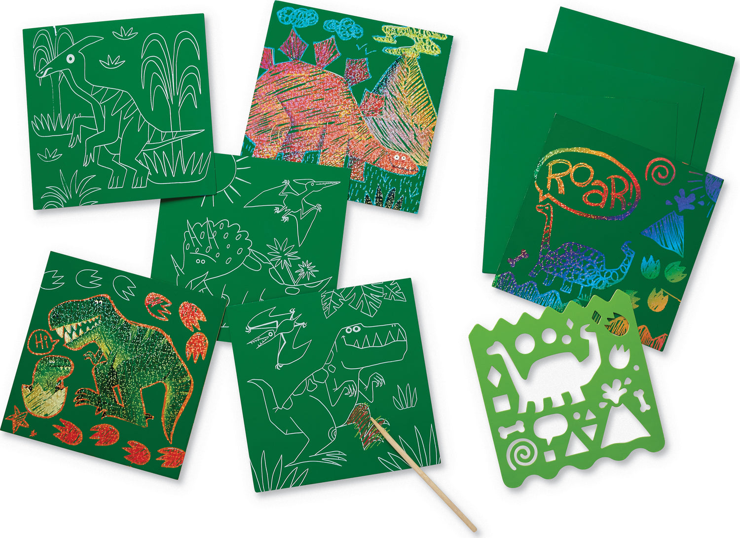 The Sparkle Scratch Art Dinosaurs DIY kit by Crocodile Creek features colorful dinosaur illustrations on green scratch-off boards. The set includes various dinosaur images like T-Rex and Stegosaurus, a wooden scratching tool, and a stencil for creating fun designs. Perfect for children to unleash their creativity while exploring the exciting world of dinosaurs.