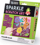 Sparkle Garden Scratch Art DIY kit by Crocodile Creek. The packaging features colorful illustrations of flowers and a rabbit, showcasing scratch sheets and wooden styluses. Ideal for children aged 5 and up, promoting creativity and fine motor skills.