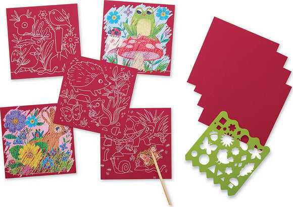 The Sparkle Garden Scratch Art kit by Crocodile Creek features a collection of colorful scratch art cards depicting various garden animals and flowers. Included are five scratch art sheets with vibrant designs of a bunny, hedgehog, turtle, and more, alongside a wooden stylus for scratching off the top layer. A green stencil is also featured, adding creative possibilities for engaging DIY art projects.