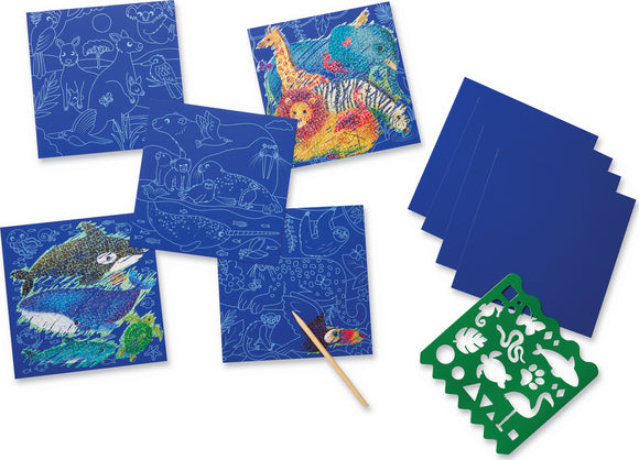 Sparkle Scratch Art Animal World set by Crocodile Creek, featuring intricate animal-themed designs on blue scratch paper. Includes five scratch art sheets, a wooden stylus, and a stencil sheet with various animal shapes. Perfect for creative fun and artistic exploration.