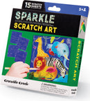 Sparkle Scratch Art Animal World kit by Crocodile Creek featuring colorful animal designs including a giraffe, elephant, lion, zebra, and more on scratch sheets. The package includes 15 scratch sheets and wooden styluses. Suitable for ages 5 and up.