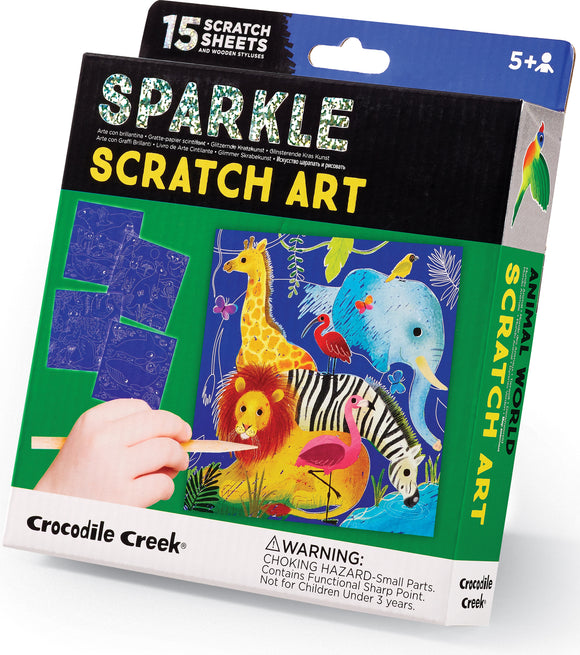 Sparkle Scratch Art Animal World kit by Crocodile Creek featuring colorful animal designs including a giraffe, elephant, lion, zebra, and more on scratch sheets. The package includes 15 scratch sheets and wooden styluses. Suitable for ages 5 and up.