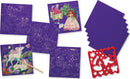 The Sparkle Scratch Art Magical Friends kit by Crocodile Creek features colorful scratch-off art boards depicting enchanting scenes with unicorns, fairies, and princesses. The set includes a wooden stylus for revealing vibrant designs and a red stencil sheet for creating additional patterns. Ideal for imaginative play and artistic expression, perfect for children.