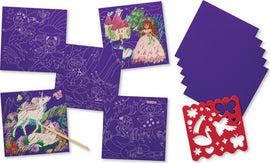 The Sparkle Scratch Art Magical Friends kit by Crocodile Creek features colorful scratch-off art boards depicting enchanting scenes with unicorns, fairies, and princesses. The set includes a wooden stylus for revealing vibrant designs and a red stencil sheet for creating additional patterns. Ideal for imaginative play and artistic expression, perfect for children.