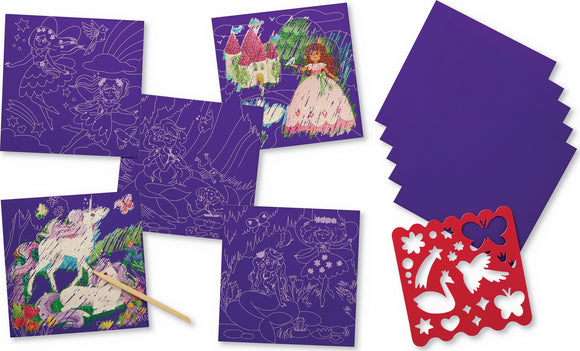 The Sparkle Scratch Art Magical Friends kit by Crocodile Creek features colorful scratch-off art boards depicting enchanting scenes with unicorns, fairies, and princesses. The set includes a wooden stylus for revealing vibrant designs and a red stencil sheet for creating additional patterns. Ideal for imaginative play and artistic expression, perfect for children.