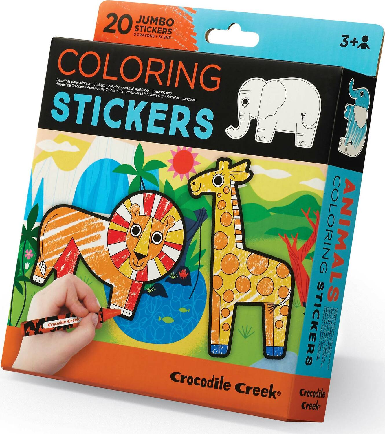 Coloring Animal Stickers kit by Crocodile Creek featuring 20 jumbo animal-themed stickers. A hand is seen using a crayon to color in a sticker of a lion. The packaging showcases a vibrant jungle scene with a giraffe and various colorful designs, perfect for kids ages 3 and up. Includes crayons for creative fun.