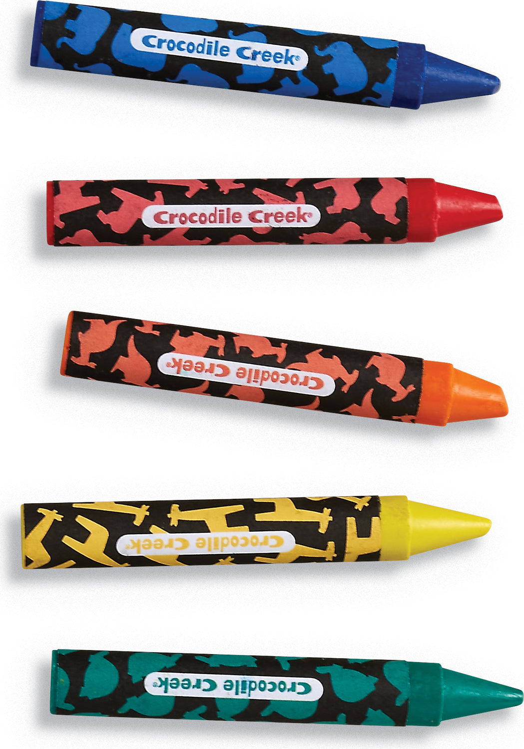 A set of six coloring crayons from Crocodile Creek, featuring vibrant colors including blue, red, orange, yellow, and green, each with unique animal silhouettes on the wrappers. The crayons are designed for children to enhance creativity through coloring activities.