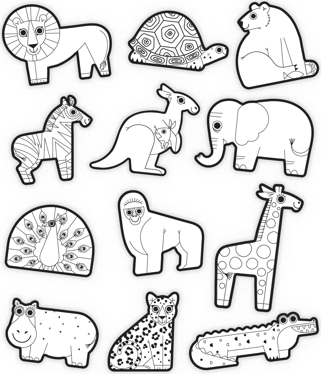 A collection of animal stickers featuring a lion, turtle, bear, kangaroo, elephant, zebra, peacock, gorilla, giraffe, hippopotamus, leopard, and crocodile. The stickers are outlined in black and designed for coloring.