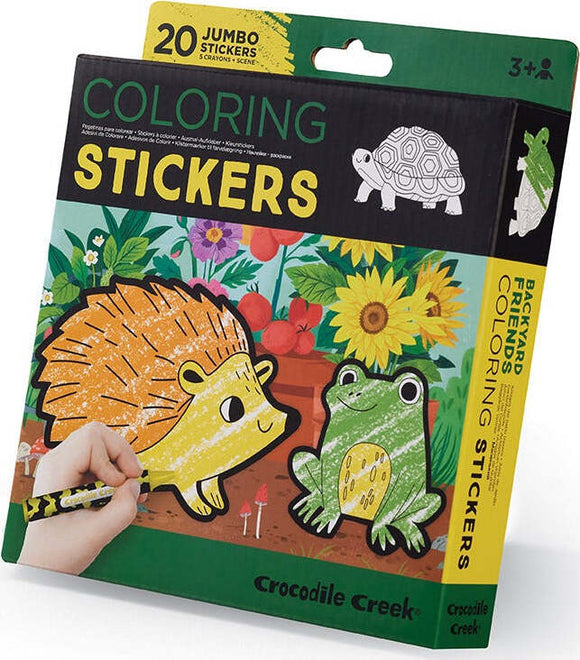 Coloring Stickers Backyard Friends by Crocodile Creek featuring 20 jumbo stickers including a hedgehog, frog, and decorative flowers. Ideal for artistic projects, encouraging creativity in children aged 3 and up.