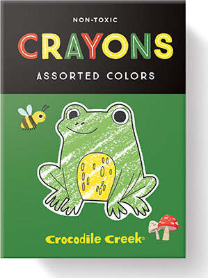 A box of non-toxic crayons in assorted colors featuring a playful frog illustration on the front, designed for kids to enjoy creative coloring activities. The packaging also includes a buzzing bee and a mushroom, promoting fun and imaginative play.