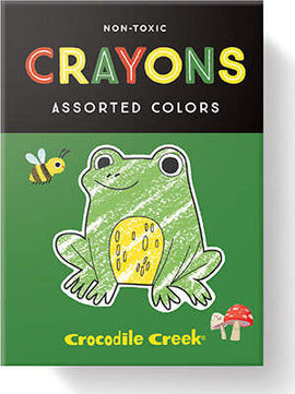 A box of non-toxic crayons in assorted colors featuring a playful frog illustration on the front, designed for kids to enjoy creative coloring activities. The packaging also includes a buzzing bee and a mushroom, promoting fun and imaginative play.