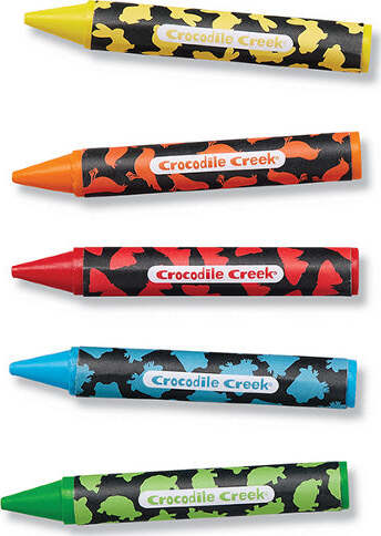 A set of five colorful coloring stickers from Crocodile Creek, featuring vibrant colors like yellow, orange, red, blue, and green. Each sticker is adorned with playful backyard-themed designs, ideal for children’s DIY projects.