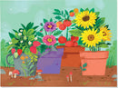 Coloring Stickers Backyard Friends by Crocodile Creek feature a vibrant illustration of various potted plants, including strawberries, tomatoes, and colorful flowers, set against a soft green background. Ideal for creative play and DIY art projects.