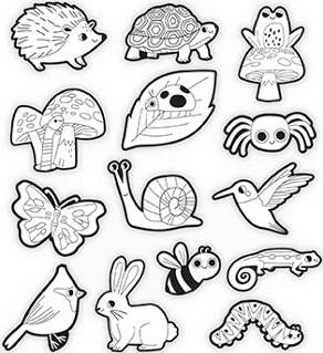 A colorful assortment of backyard-themed coloring stickers featuring various animals such as a hedgehog, turtle, frog, snail, butterfly, and a rabbit, all outlined for coloring. Perfect for DIY projects and creative activities, these stickers inspire imagination and artistic expression.