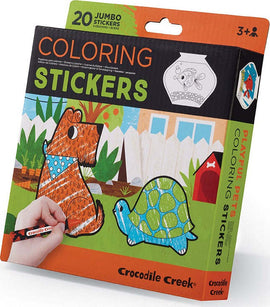 The Coloring Stickers Playful Pets DIY kit by Crocodile Creek features 20 jumbo stickers of playful animals, including a dog and a turtle. Each sticker is designed for coloring using crayons, providing a creative and engaging activity for children aged 3 and up. The colorful packaging showcases the vibrant designs and encourages imaginative play.