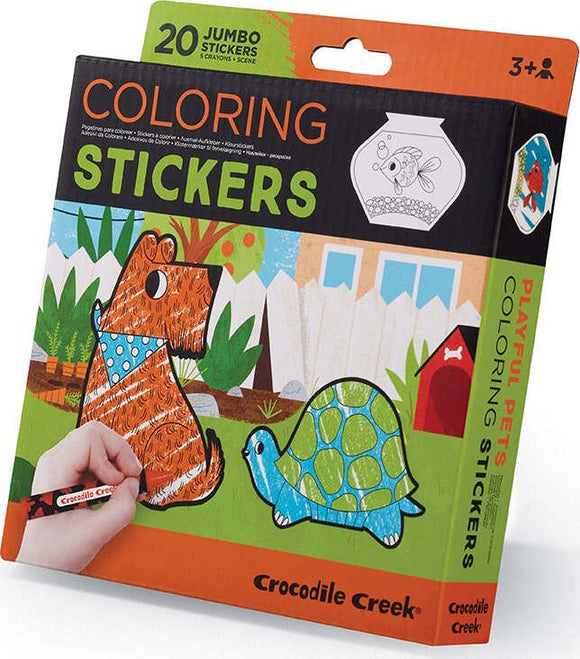 The Coloring Stickers Playful Pets DIY kit by Crocodile Creek features 20 jumbo stickers of playful animals, including a dog and a turtle. Each sticker is designed for coloring using crayons, providing a creative and engaging activity for children aged 3 and up. The colorful packaging showcases the vibrant designs and encourages imaginative play.