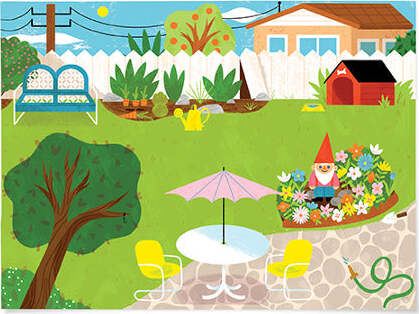 Coloring Stickers Playful Pets by Crocodile Creek featuring colorful garden scene with a gnome surrounded by flowers, playful pets, and a cozy backyard setting.