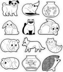A collection of playful pet-themed coloring stickers featuring various animals including a dog, cat, bunny, hedgehog, fish, and more. Each design is outlined for coloring.