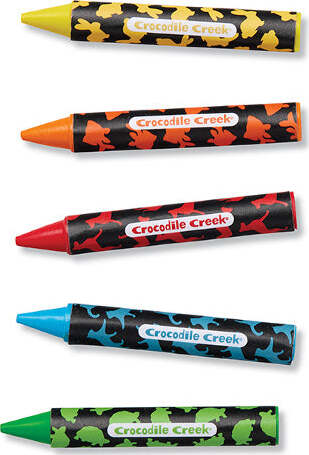 A set of five colorful coloring stickers featuring playful pet designs by Crocodile Creek. Each crayon has a unique color and a playful pet pattern on the wrapper, perfect for kids' arts and crafts. The vibrant crayons in shades of orange, red, blue, black, and green encourage creativity and imagination.