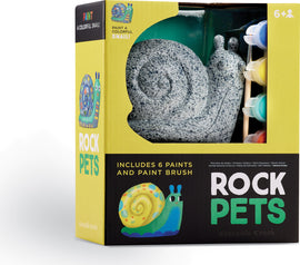 Rock Pets Snail DIY kit by Crocodile Creek featuring a colorful snail mold and six paint colors along with a paintbrush for creative painting fun. Designed for ages 6 and up.
