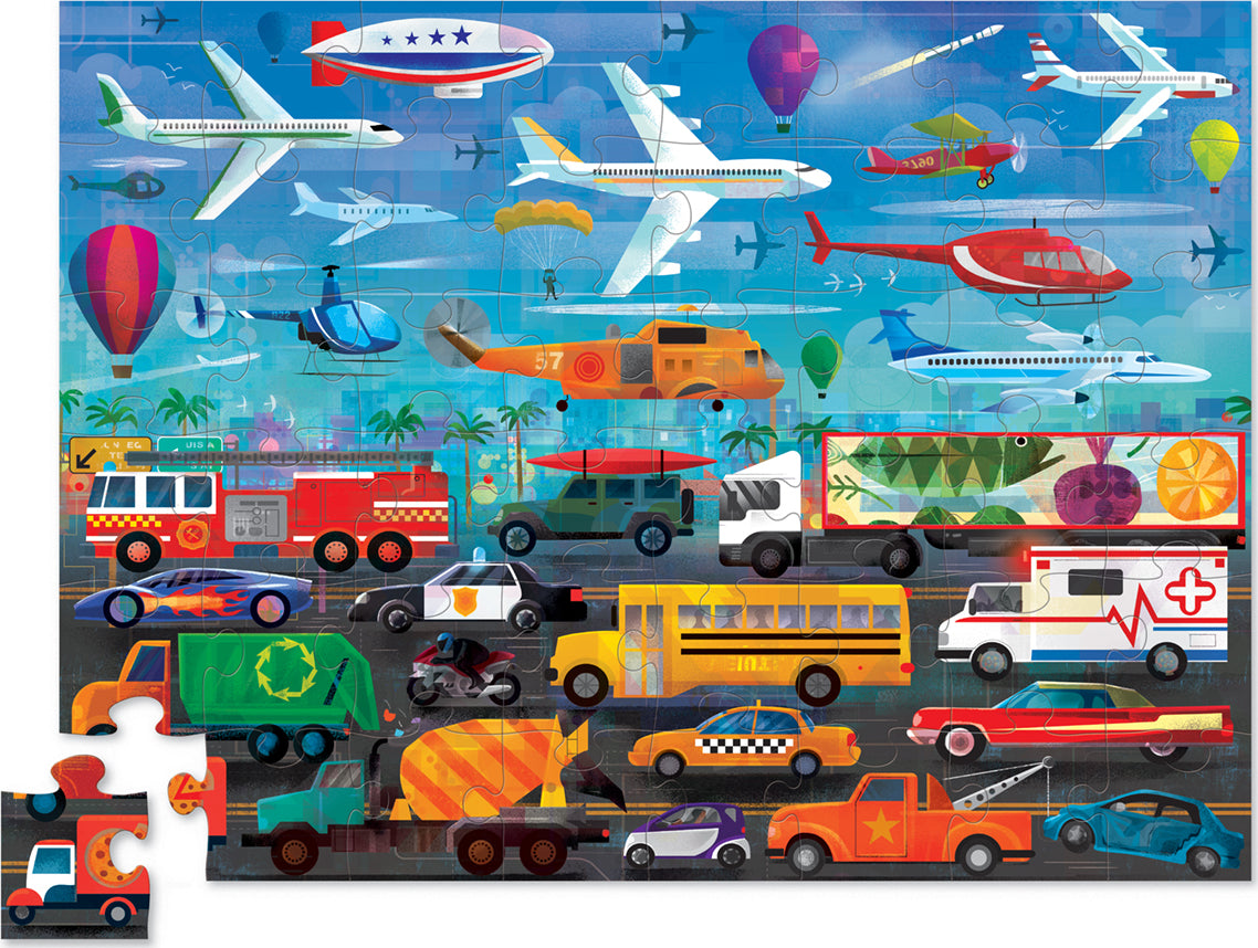 A colorful jigsaw puzzle titled 'Above & Below - Things That Go' by Crocodile Creek, featuring various modes of transportation including airplanes, helicopters, cars, and trucks, set against a vibrant backdrop of a city with a blue sky and palm trees.