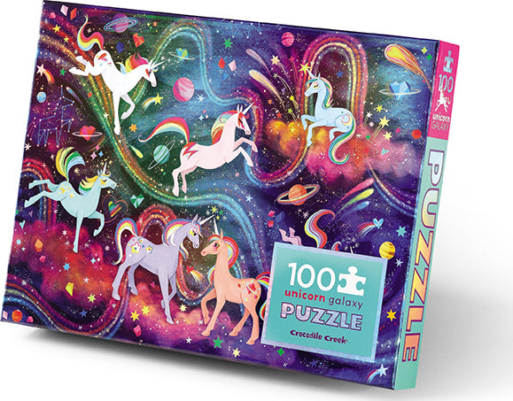 Unicorn Galaxy Holographic jigsaw puzzle by Crocodile Creek, featuring colorful unicorns in a cosmic background with stars and planets. The puzzle includes 100 pieces, perfect for children and unicorn enthusiasts.