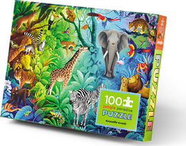 Jungle Paradise Holographic jigsaw puzzle by Crocodile Creek featuring a vibrant illustration of jungle animals such as elephants, lions, giraffes, and colorful birds amidst lush greenery. This 100-piece puzzle offers a delightful and engaging experience for nature lovers and puzzle enthusiasts.