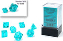 Chessex Trans Mini Teal/White 7 Polyhedral dice set featuring translucent teal and white dice in various shapes, displayed with a standard d10 for scale. The set is packaged in a clear container labeled Chessex, showcasing each die's unique numbers and design.
