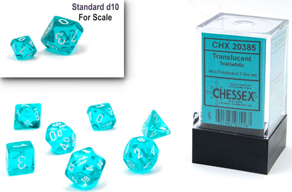 Chessex Trans Mini Teal/White 7 Polyhedral dice set featuring translucent teal and white dice in various shapes, displayed with a standard d10 for scale. The set is packaged in a clear container labeled Chessex, showcasing each die's unique numbers and design.